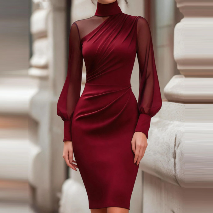 🖤 Half High Neck Mesh Splicing Midi Dress for Evening Parties and Banquets