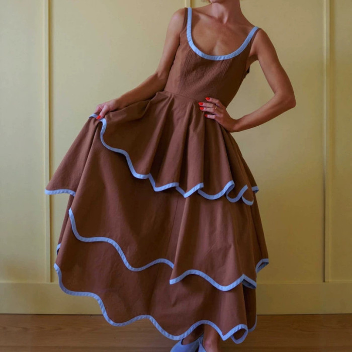 U-Neck Color Block Ruffled A-Line Maxi Dress for Dating and Evening Parties