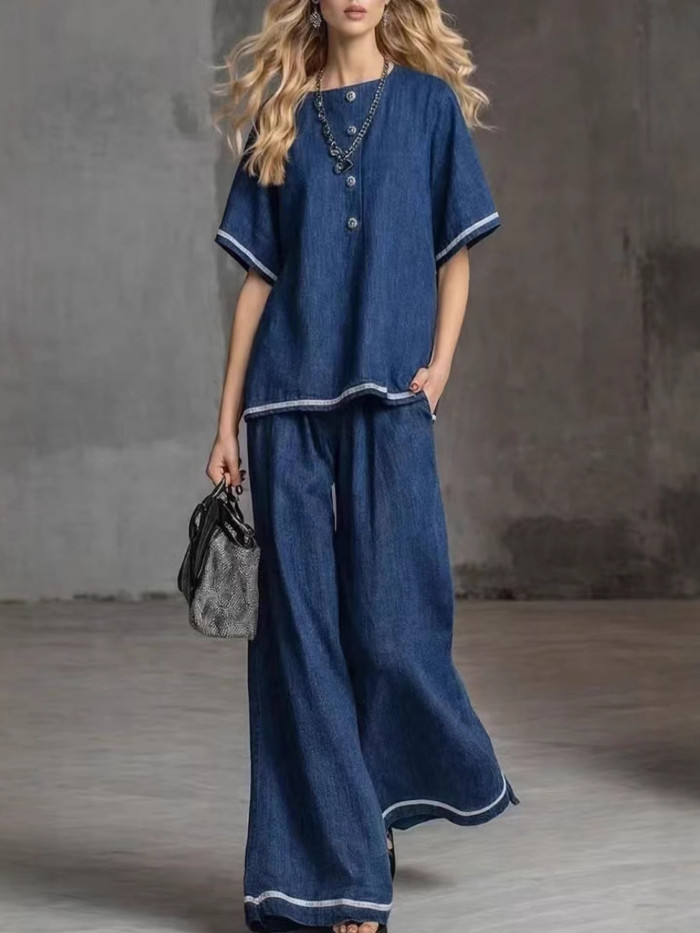 Button Blouse & Wide Leg Pants Set City Strolls and Casual Shopping