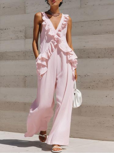 V-Neck Ruffled Solid Jumpsuit for Vacation and Weekend Brunches