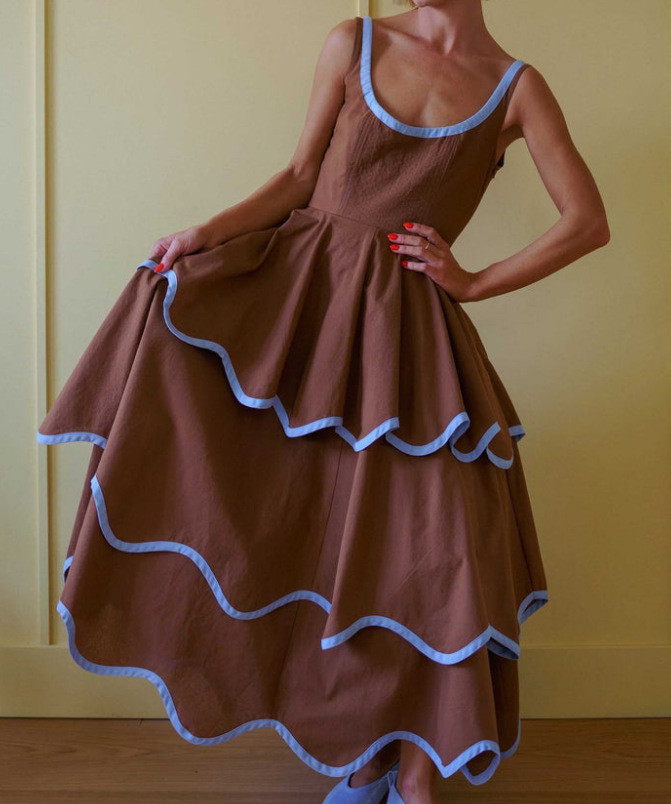 U-Neck Color Block Ruffled A-Line Maxi Dress for Dating and Evening Parties