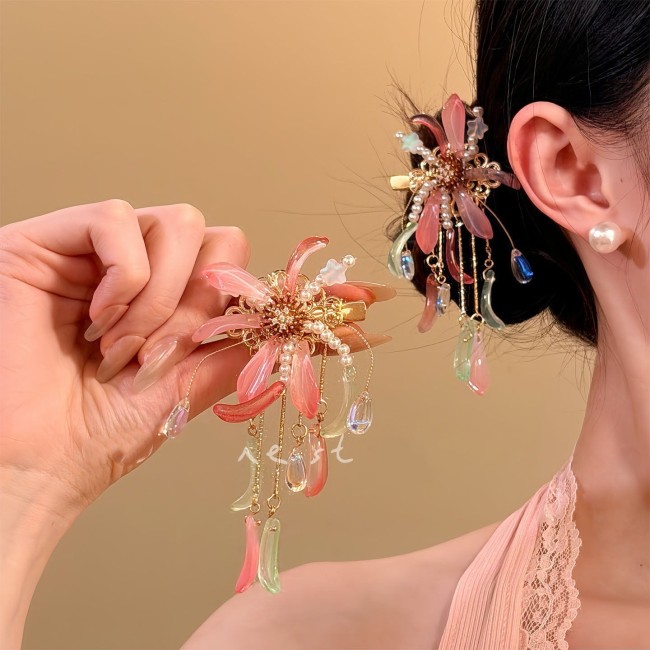 Pink Firework Tassel Flower Hair Clip for Vacation Photoshoots and Tea Parties