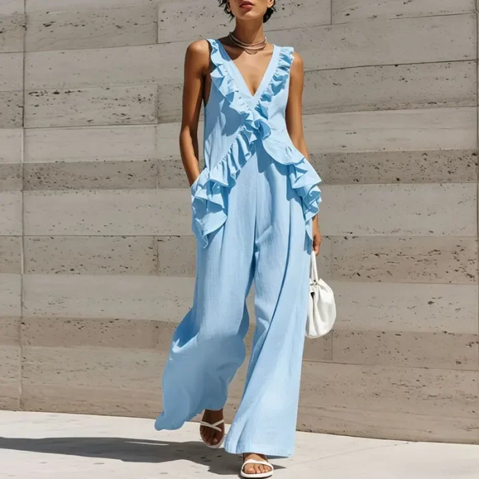 V-Neck Ruffled Solid Jumpsuit for Vacation and Weekend Brunches