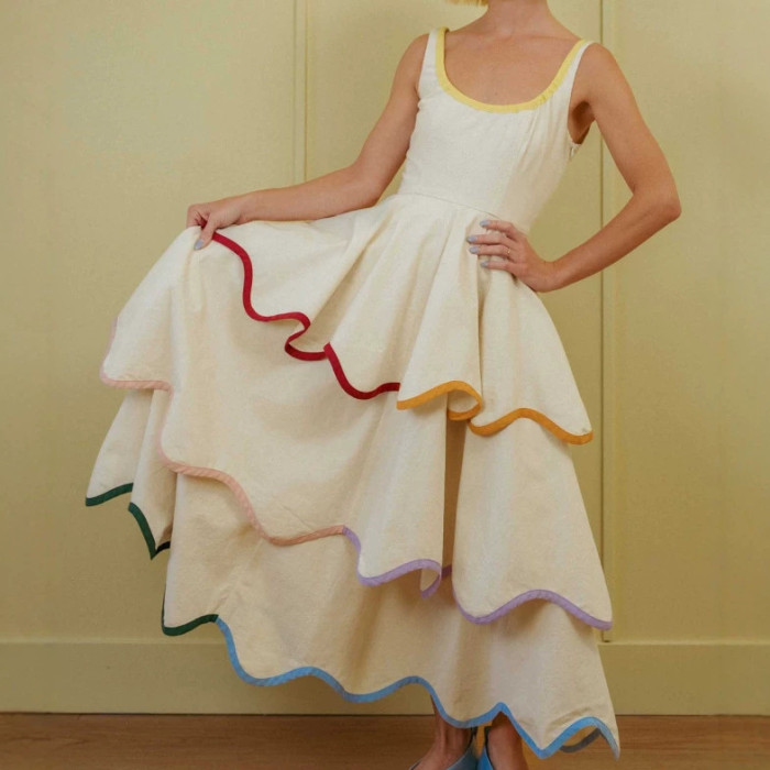 U-Neck Color Block Ruffled A-Line Maxi Dress for Dating and Evening Parties