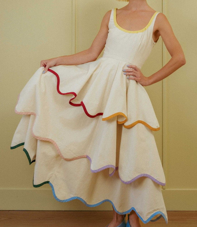 U-Neck Color Block Ruffled A-Line Maxi Dress for Dating and Evening Parties