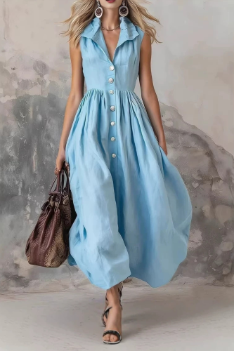 Plain Button Front Pleated Maxi Dress Holiday Trips and Small Gatherings