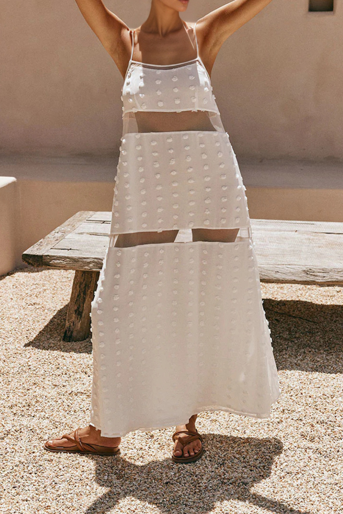 Off Shoulder Sheer Patchwork Suspender Maxi Dress for Parties and Vacation