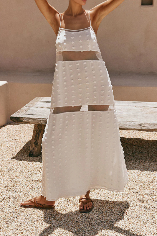 Off Shoulder Sheer Patchwork Suspender Maxi Dress for Parties and Vacation