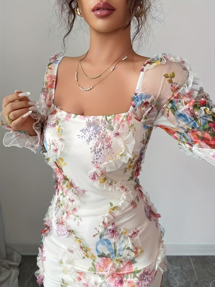 Square Neck Floral Print Bodycon Midi Dress for Dating and Evening Parties