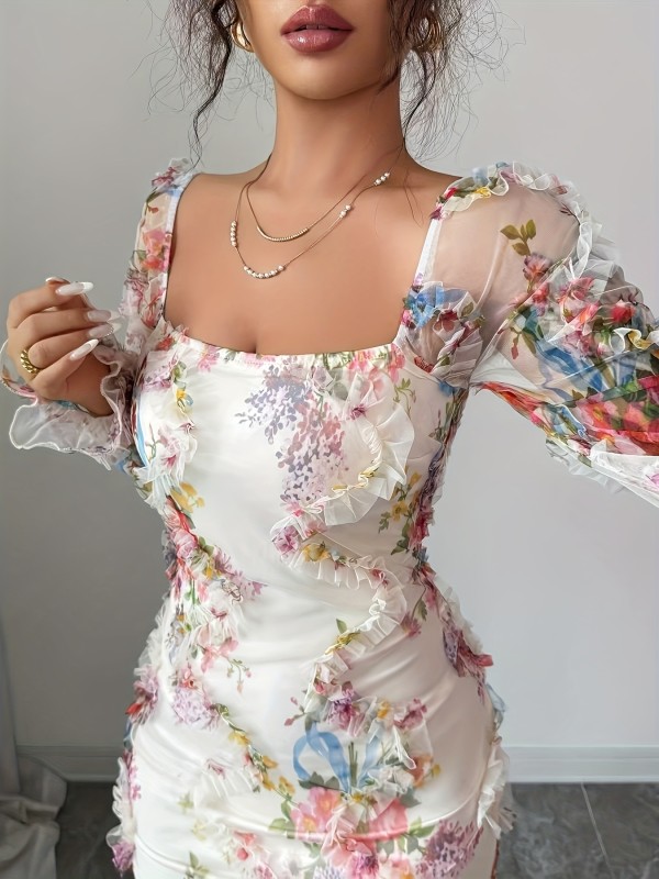 Square Neck Floral Print Bodycon Midi Dress for Dating and Evening Parties