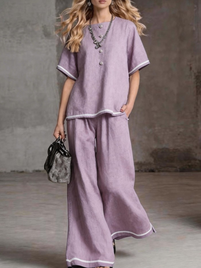 Button Blouse & Wide Leg Pants Set City Strolls and Casual Shopping