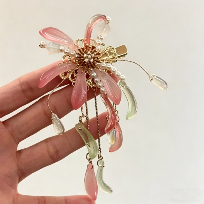 Pink Firework Tassel Flower Hair Clip for Vacation Photoshoots and Tea Parties