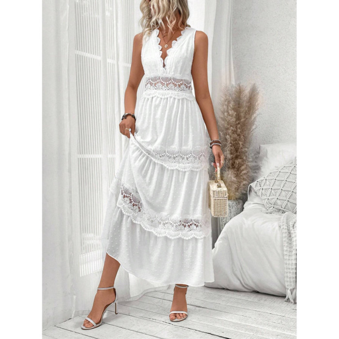 🤍 Lace V-Neck Ruffle White Party Dress for Prom and Evening Banquets