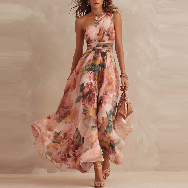🖤 Slanted Shoulder Printed High Waist Maxi Dress for Evening Parties and Banquets