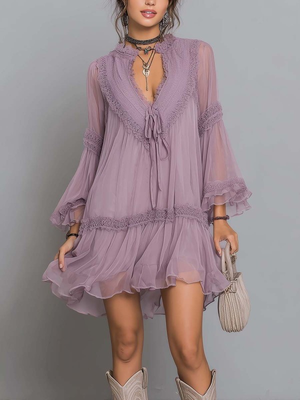 Spring Summer V Neck Lace Chic Mini Dress for Holiday Fashion and Party Events