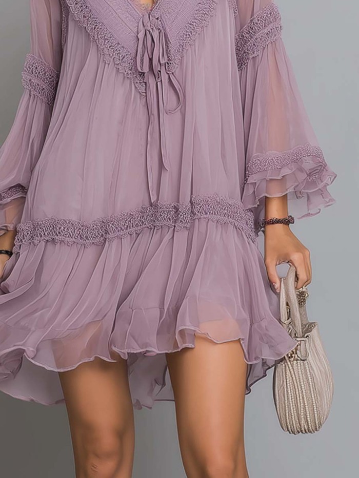 Spring Summer V Neck Lace Chic Mini Dress for Holiday Fashion and Party Events