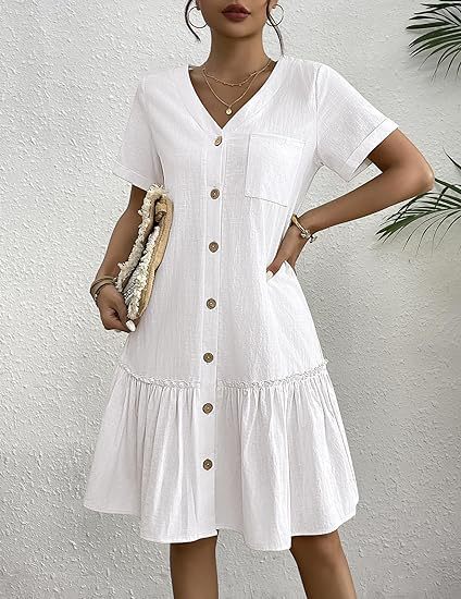 🌿 V-Neck Ruffle Cotton Linen Mini Dress for Daily Strolls and Weekend Brunches