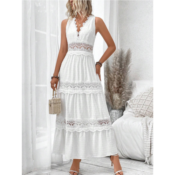🤍 Lace V-Neck Ruffle White Party Dress for Prom and Evening Banquets
