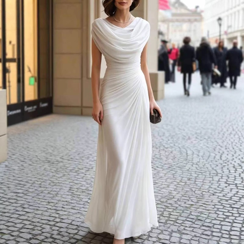 Temperament Swinging Collar Ruffles Chiffon Maxi Dress for Evening Banquets and Formal Dinners