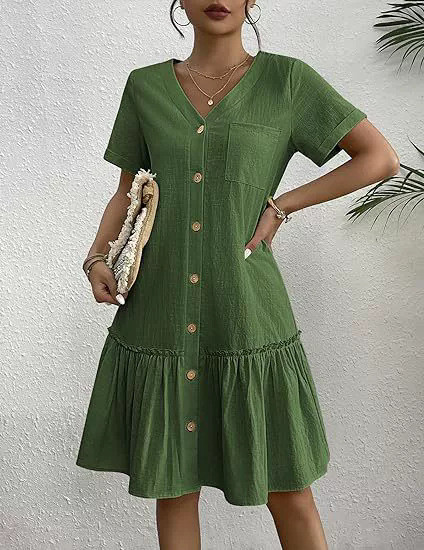 🌿 V-Neck Ruffle Cotton Linen Mini Dress for Daily Strolls and Weekend Brunches