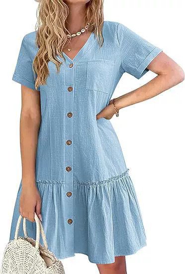 🌿 V-Neck Ruffle Cotton Linen Mini Dress for Daily Strolls and Weekend Brunches