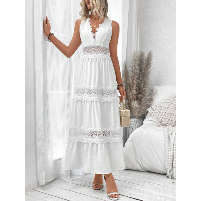 🤍 Lace V-Neck Ruffle White Party Dress for Prom and Evening Banquets