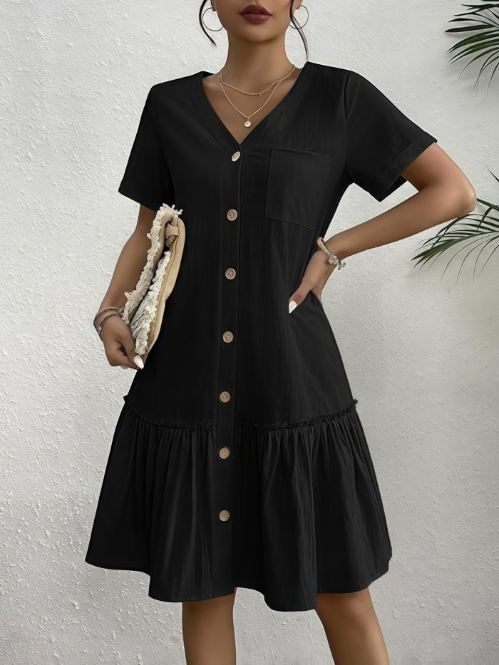 🌿 V-Neck Ruffle Cotton Linen Mini Dress for Daily Strolls and Weekend Brunches