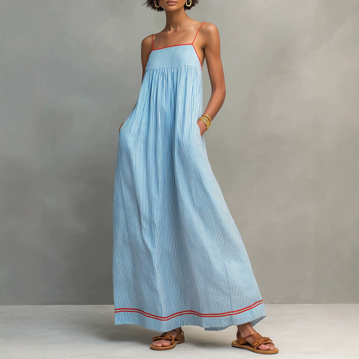 Boho Striped Frill Trim Backless Maxi Dress | Elegant Women Beach & Vacation Outfit
