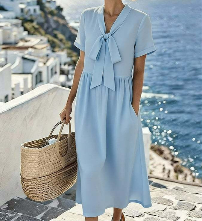 Bow Decor V Neck Solid Dress Short Sleeve | Summer Casual Temperament Women Dress