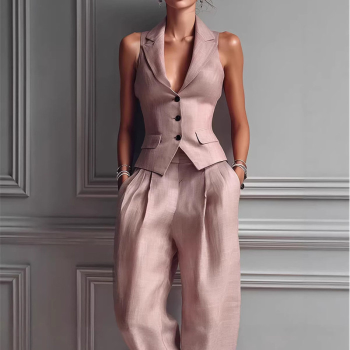 Sleeveless Single Breasted Vest & Trousers Two Piece Suit | Elegant Summer Women Matching Outfit