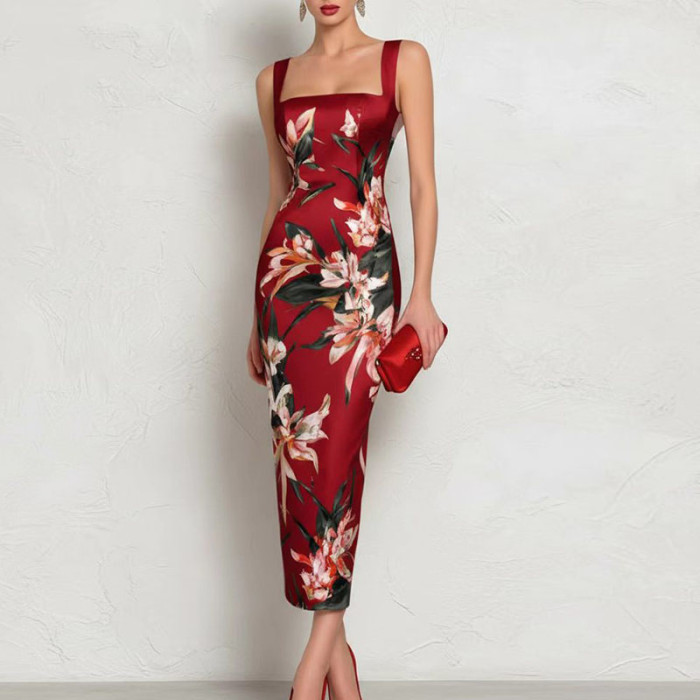 Floral Print Square Wide Strap Bodycon Slip Maxi Dress for Wedding Guest and Formal Party Occasions