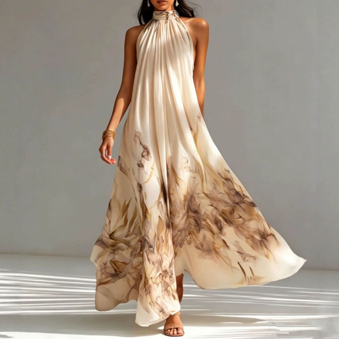 Halter Sleeveless Print Maxi Dress | Beach Resort & Wedding Guest Boho Long Dress