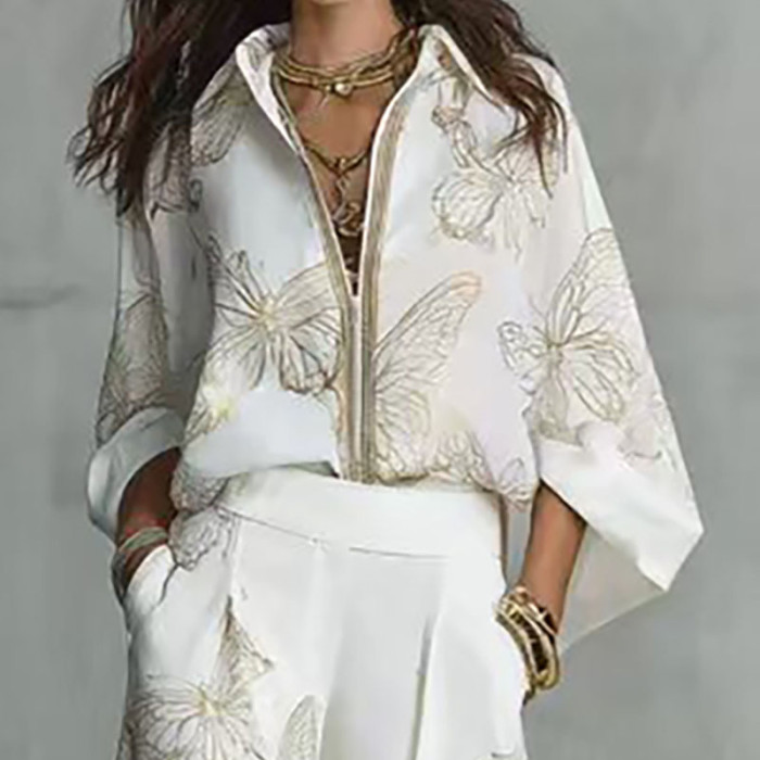 Butterfly Print Lapel Shirt Wide Leg Pants Two Piece Set for Holiday Sightseeing and City Strolls