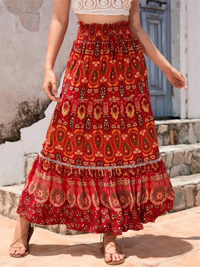 Flowy Printed Loose Maxi Skirt for Beach Parties and Sightseeing Trips