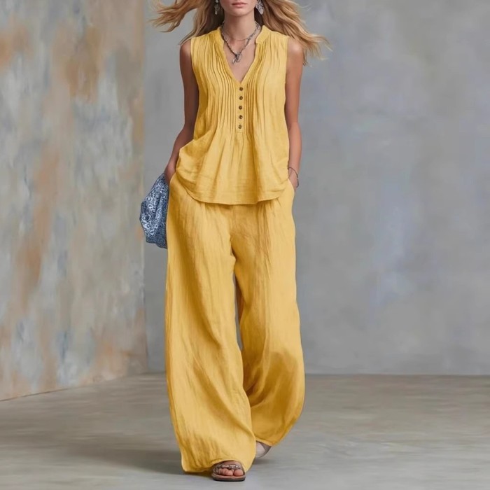 V-Neck Sleeveless Vest & Elastic Waist Pants Two Piece Summer Outfit