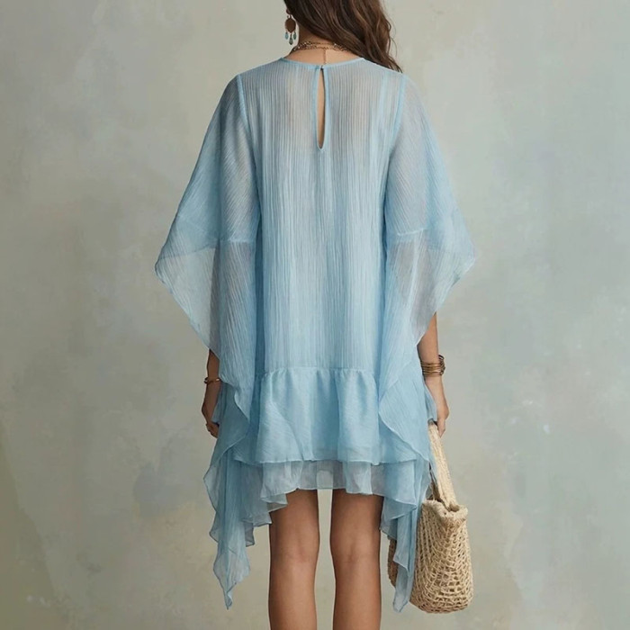 Batwing Sleeve Round Neck Solid A-Line Mini Dress for Beach Vacations and City Strolls
