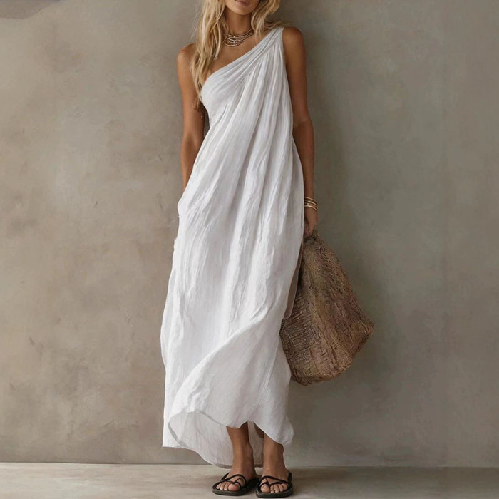 Elegant Flowy One Shoulder Boho Maxi Dress for Sightseeing Trips and Daily Streetwear