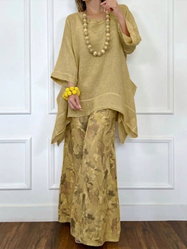 Bohemian Print Asymmetric Blouse Wide Leg Pants Two Piece Set for Beach Vacations and City Strolls