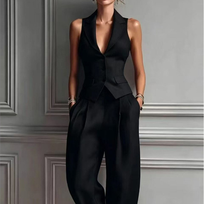 Sleeveless Single Breasted Vest & Trousers Two Piece Suit | Elegant Summer Women Matching Outfit
