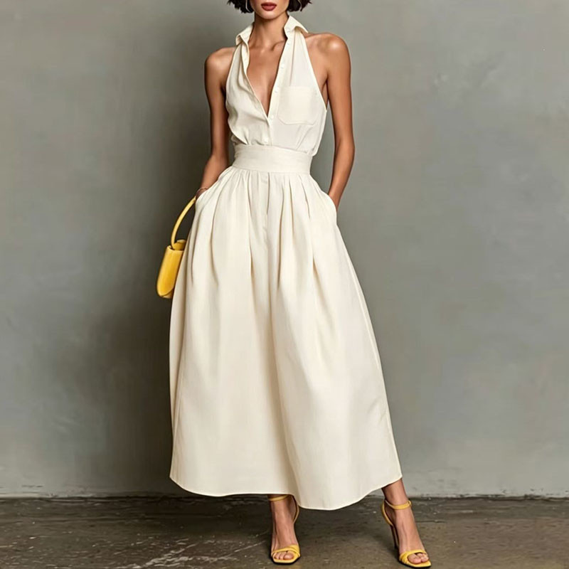 Turn-Down Collar Button Sleeveless Pleated Maxi Dress | Casual Summer Resort Women Dress