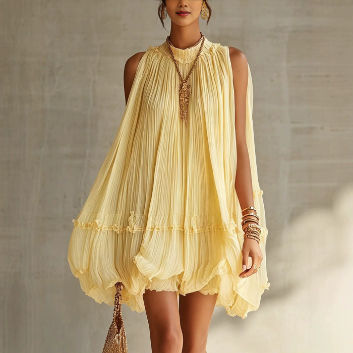 Plain Pleated Resort Mini Dress with Ruffle Details for Poolside Parties and City Strolls