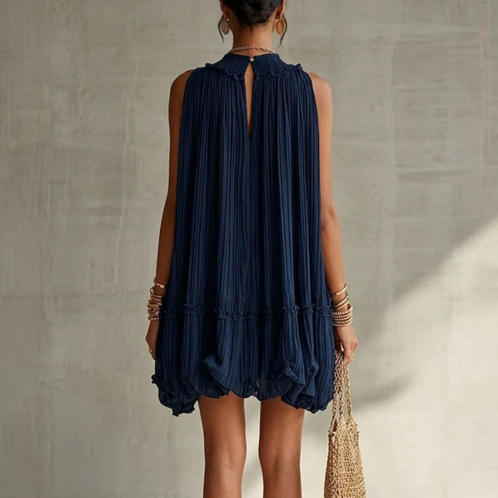 Plain Pleated Resort Mini Dress with Ruffle Details for Poolside Parties and City Strolls