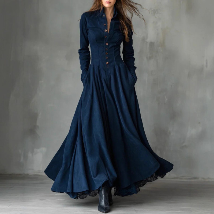 French Retro Turn-Down Collar Suede Lace High Waist Long Sleeve Maxi Swing Dress | Elegant Boho Women Outfit