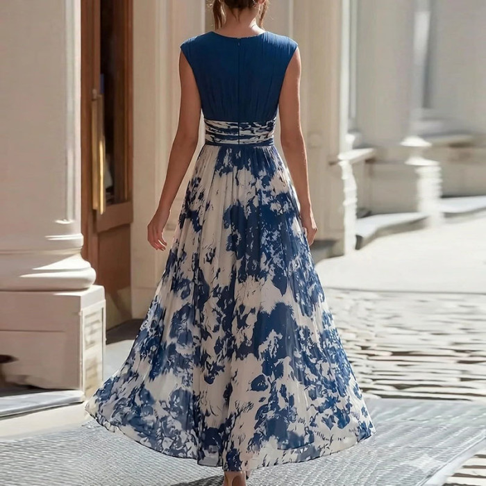Lightweight Deep V Sleeveless Print Long Dress for Weekend Outings and Small Gatherings