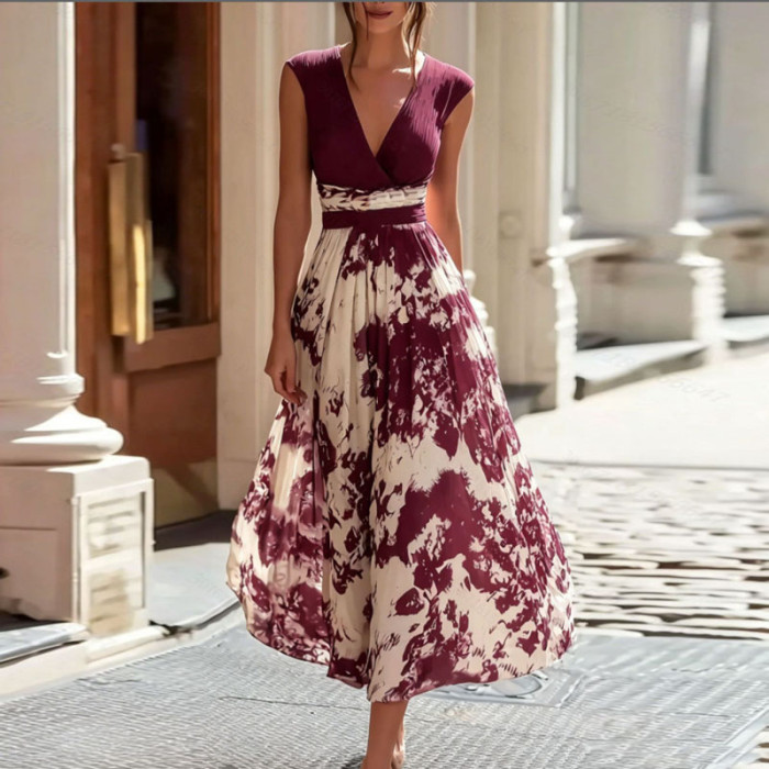 Lightweight Deep V Sleeveless Print Long Dress for Weekend Outings and Small Gatherings