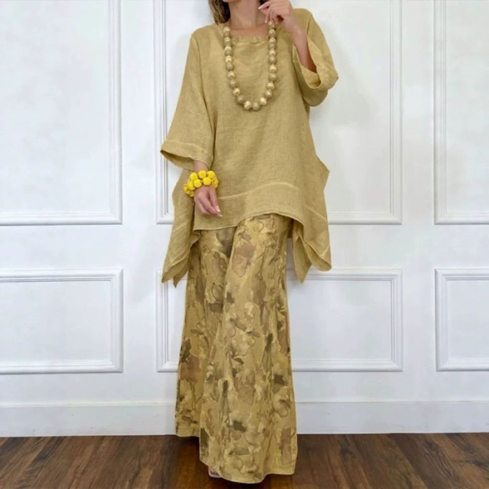 Bohemian Print Asymmetric Blouse Wide Leg Pants Two Piece Set for Beach Vacations and City Strolls