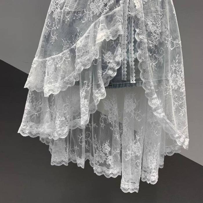High Waist Spliced Lace Denim Mini Skirt | Summer Youthful Women Slim Skirt