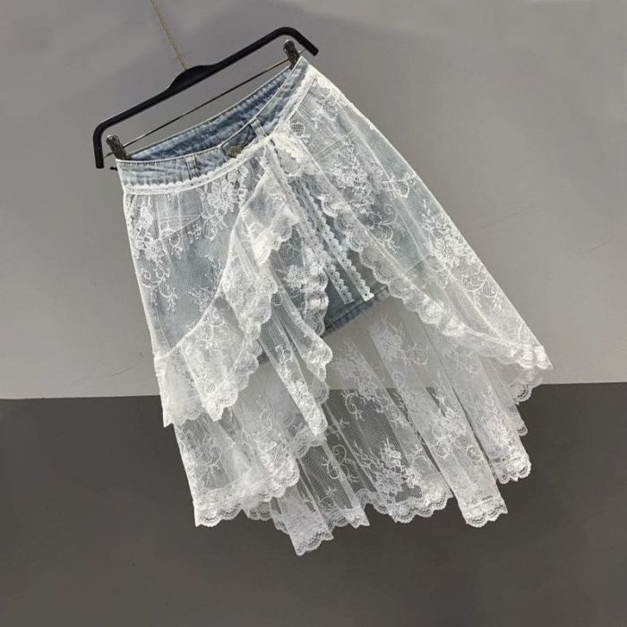 High Waist Spliced Lace Denim Mini Skirt | Summer Youthful Women Slim Skirt