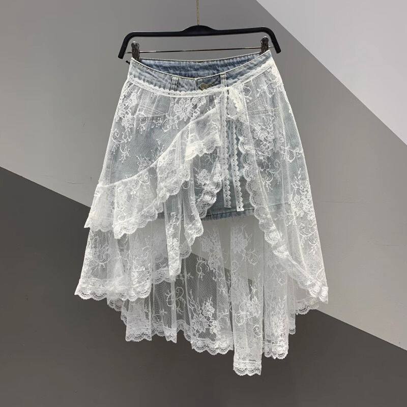 High Waist Spliced Lace Denim Mini Skirt | Summer Youthful Women Slim Skirt