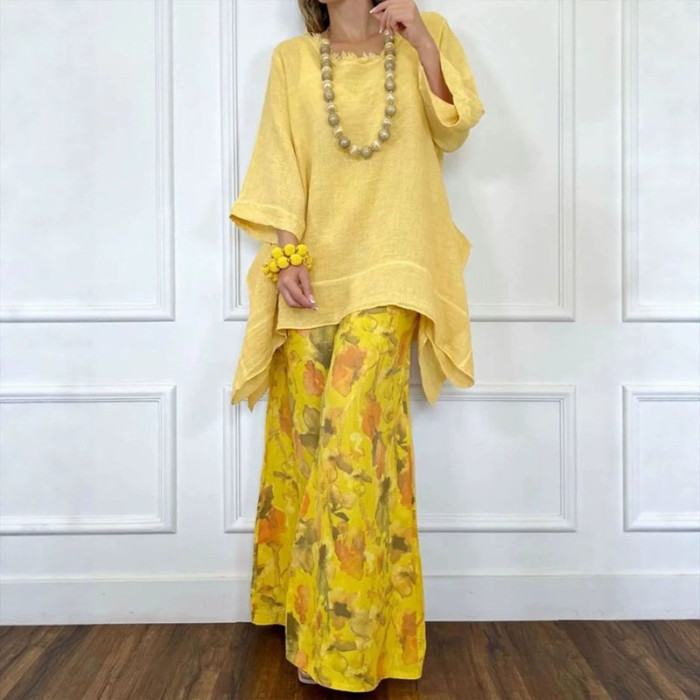 Bohemian Print Asymmetric Blouse Wide Leg Pants Two Piece Set for Beach Vacations and City Strolls